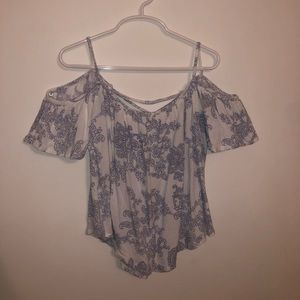 blue and white off the shoulder top w/ cross back